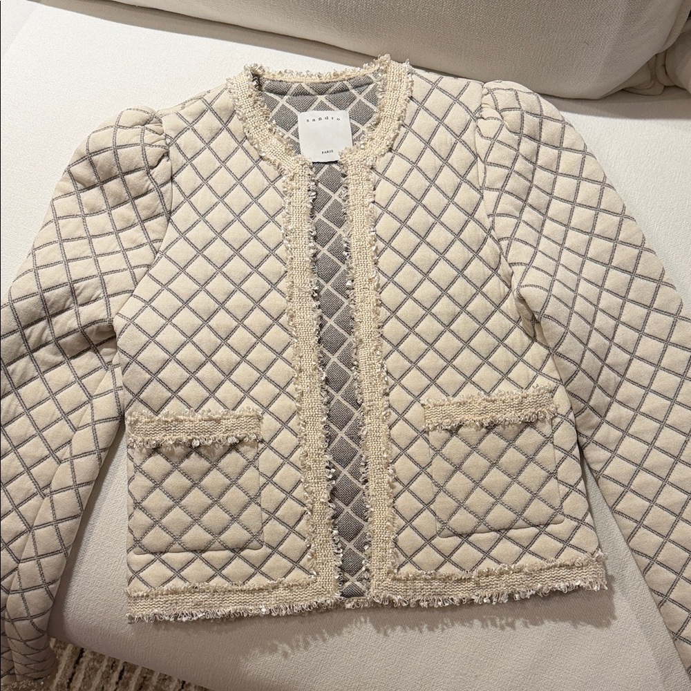 Sandro Cream Quilted Fringe-Trim Blazer